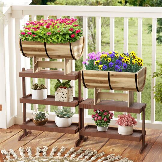 Costway 11.5" x 18" Solid Acacia Wood Half-Barrel Planter Box with Legs, 2ct.